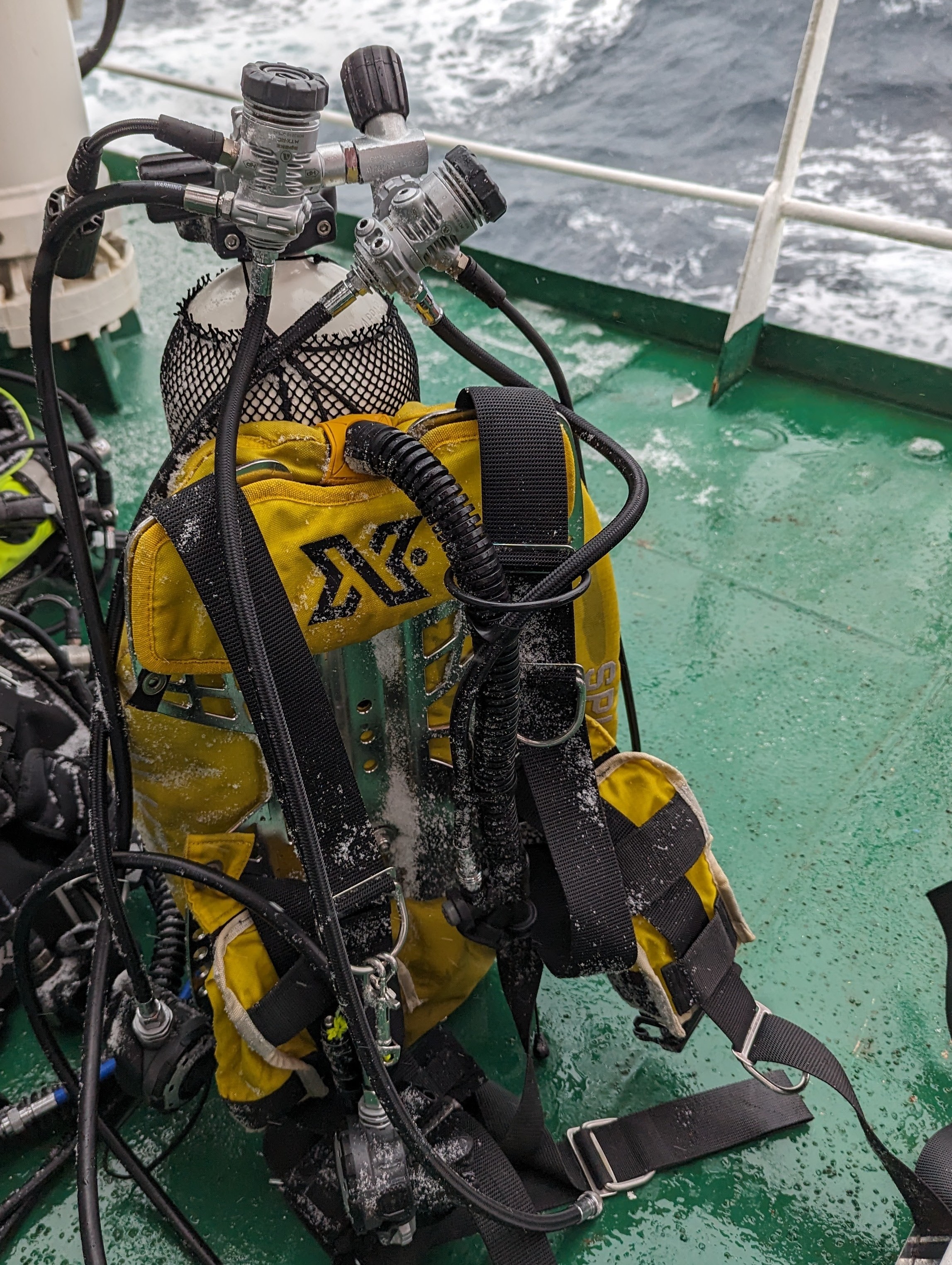 XDeep Zen assembled with Apeks MTX-RC regulators, covered with ice on deck of the MV Ortelius on the Antarctic Ocean