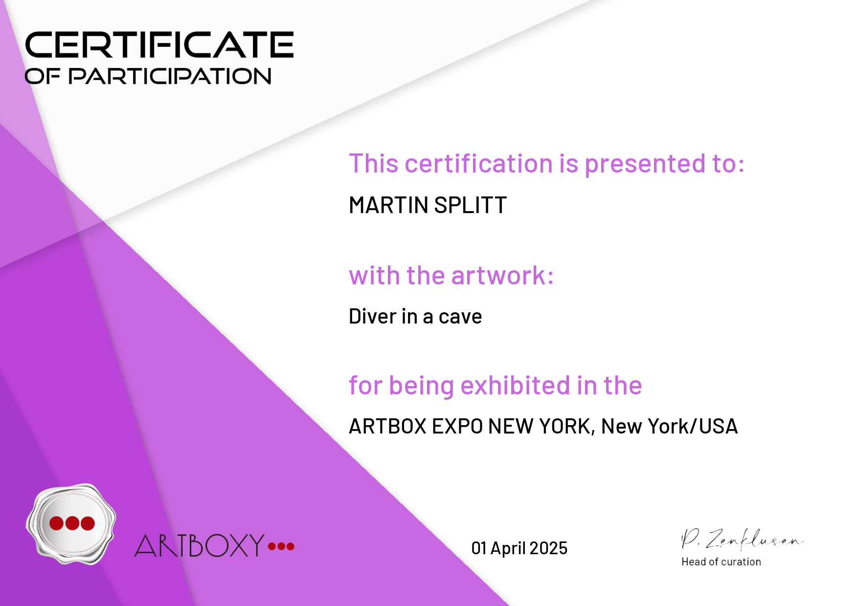 Certificate of Martin Splitt's participation in the Artbox Expo New York, 2025